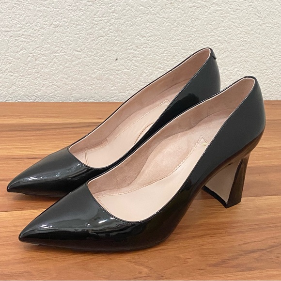 ALLY Shoes Bold Blocks Black Patent Leather Block Heel Pointy Pumps 41.5 9.5-10